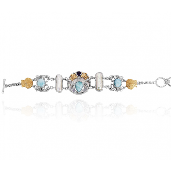 Sea Turtles and Crab Bracelet with Larimar, Amethyst, Mother of Pearl and Fresh Water Pearls - Only One Piece Created