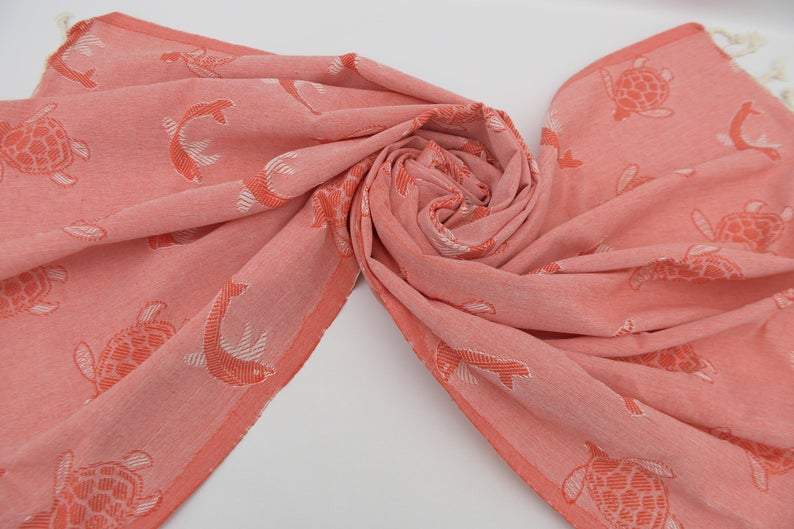 Sea Turtles and Dolphins Red 100% Cotton Towel