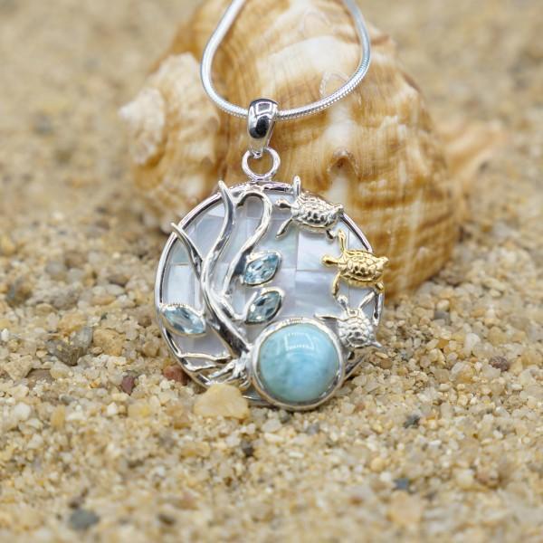 Sea Turtles Pendant Necklace with Larimar, Blue Topaz and Mother of Pearl Mosaic