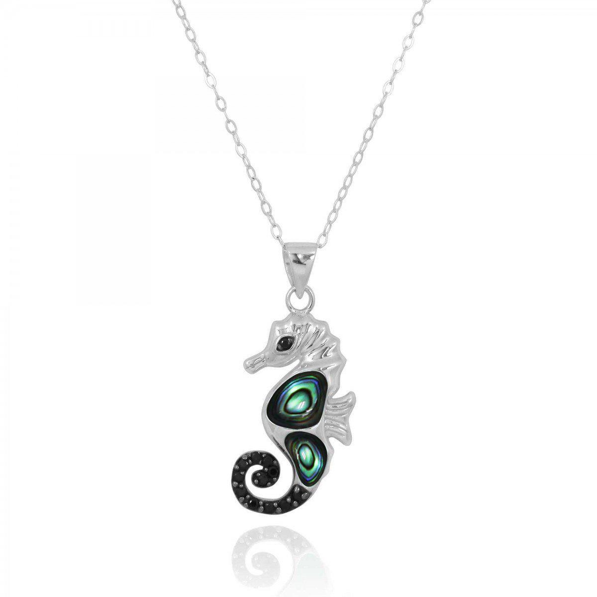 SeaHorse Pendant Necklace with Abalone Shell and Black Spinel