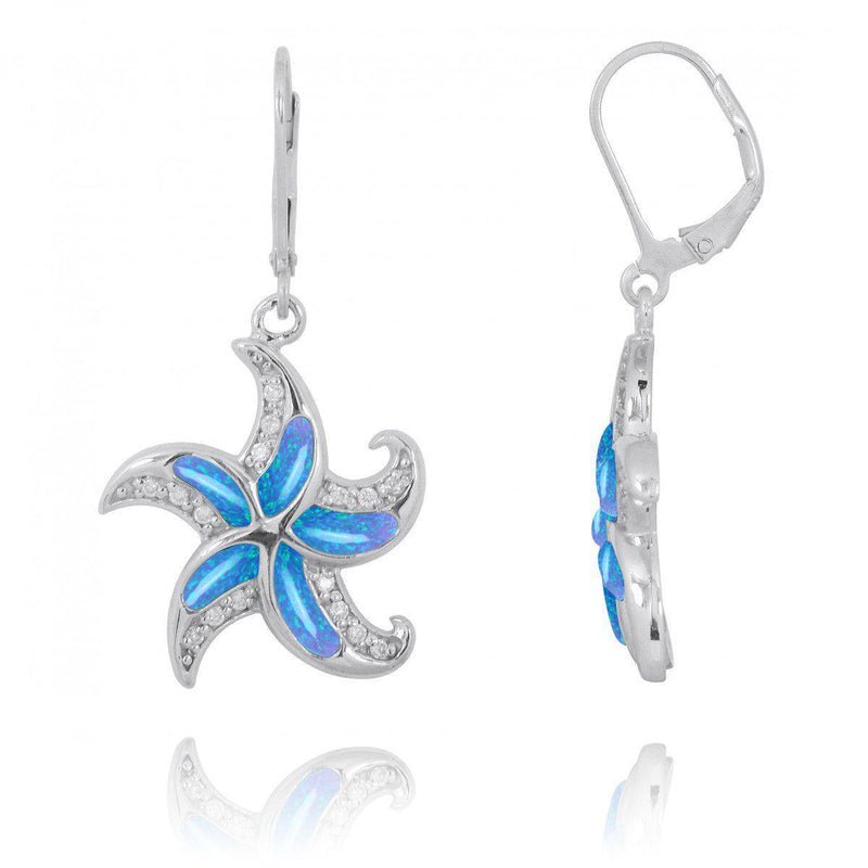 Starfish Lever Back Earrings with Blue Opal and White CZ