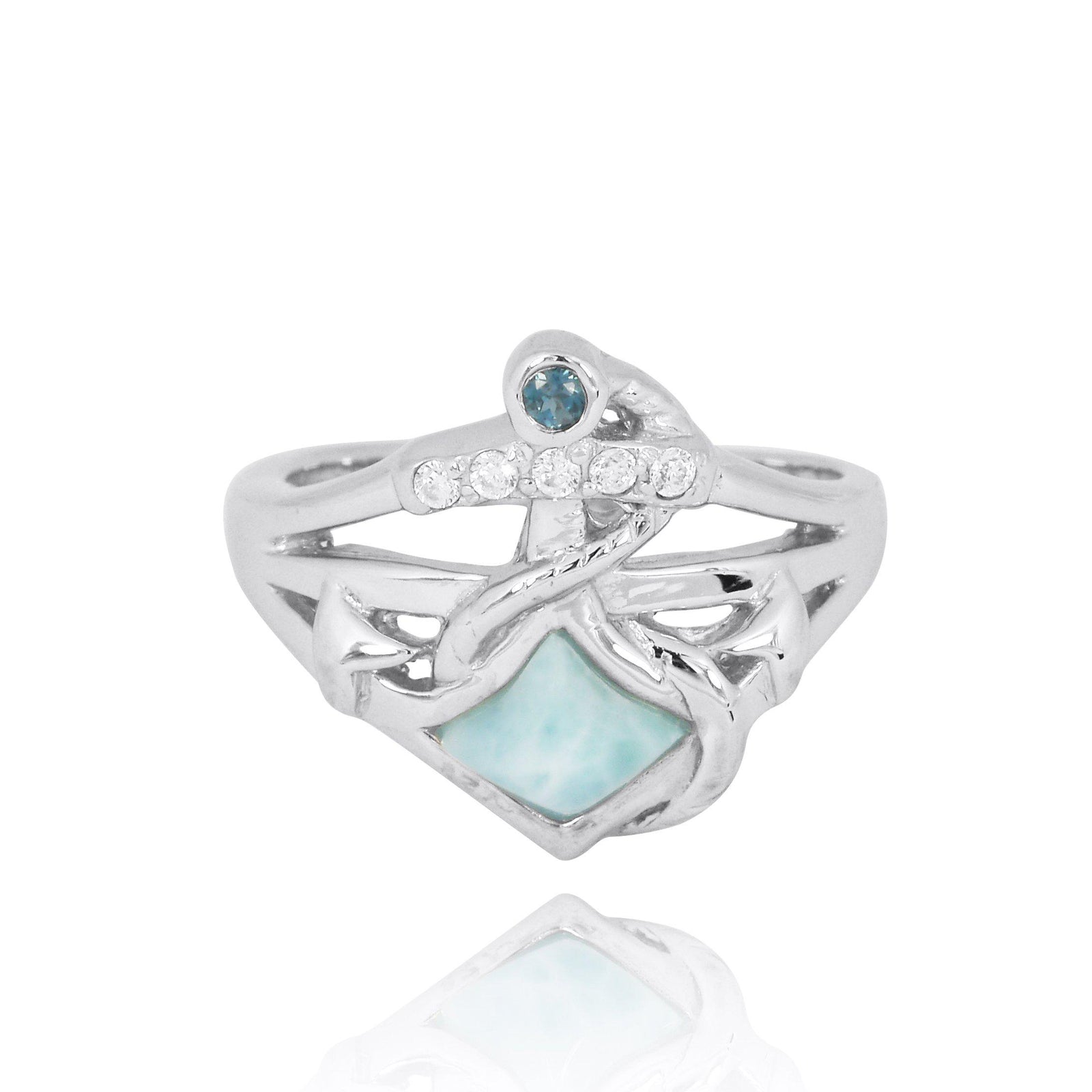 Sterling Silver Anchor Ring with Larimar, London Blue Topaz and White CZ
