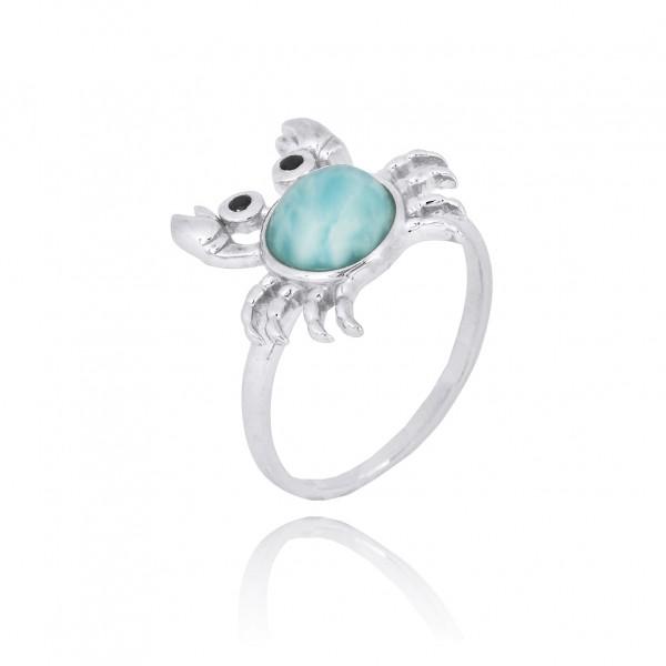 Sterling Silver Crab Ring with Larimar and Black Spinel
