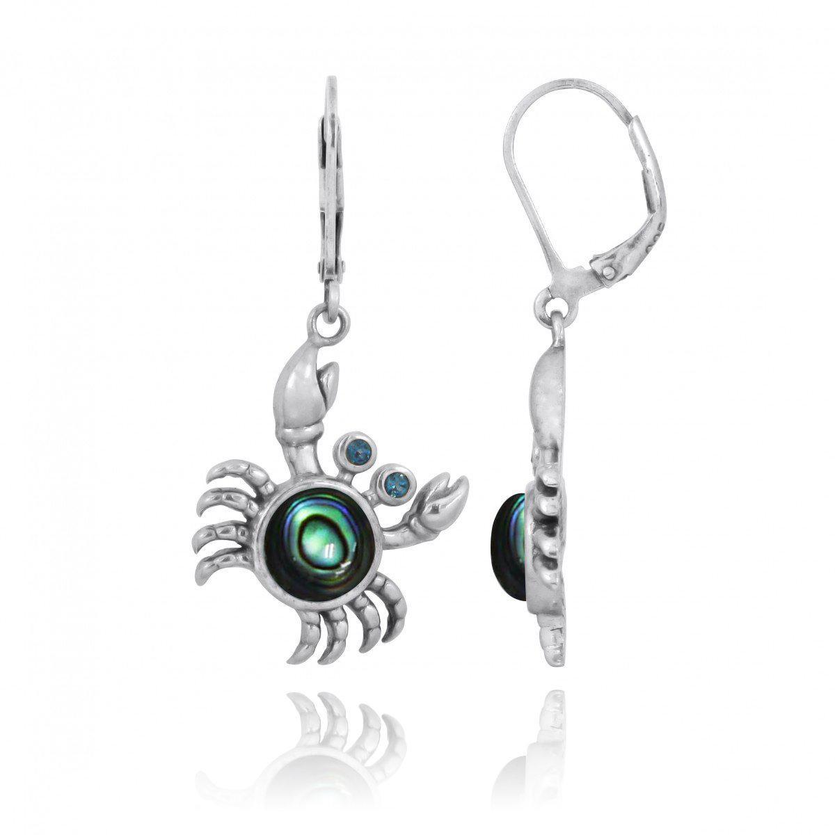 Sterling Silver Crab with Abalone Shell and London Blue Topaz Lever Back Earrings