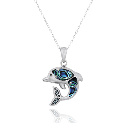 Dolphin Pendant Necklace with Abalone Shell and White CZ