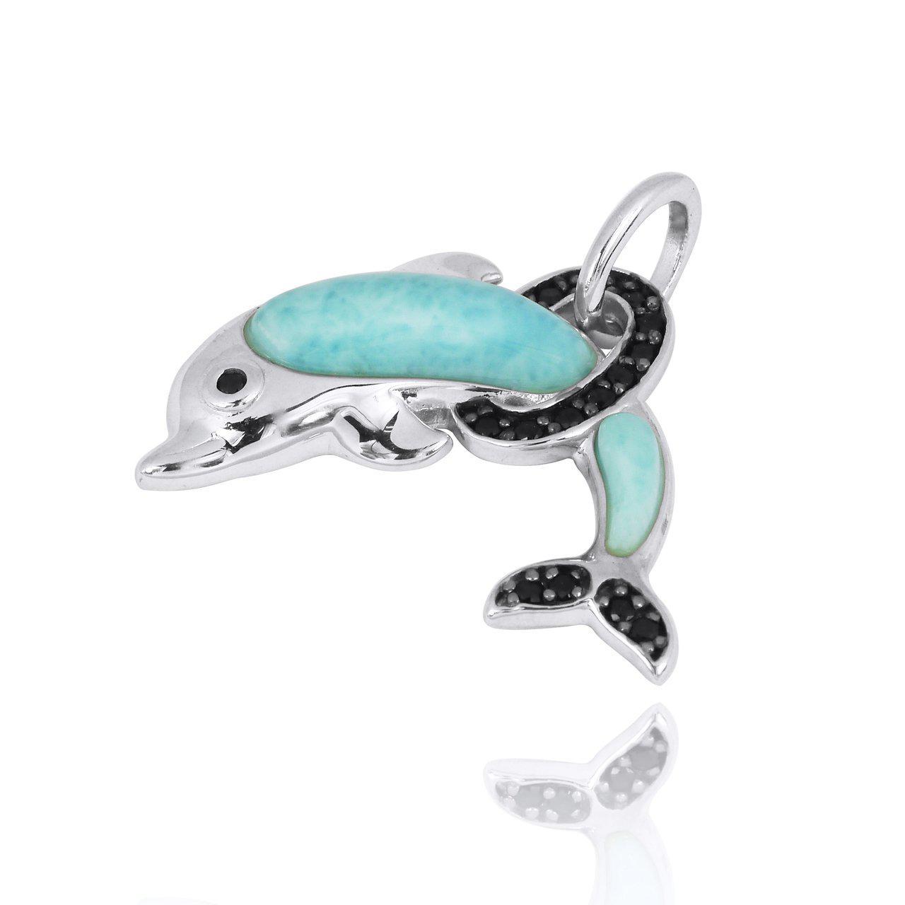 Sterling Silver Dolphin Pendant Necklace with Larimar and Black Spinel