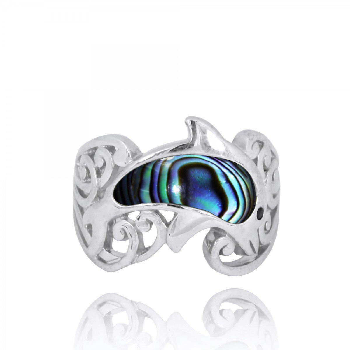 Sterling Silver Dolphin Ring with Abalone Shell and Black Spinel