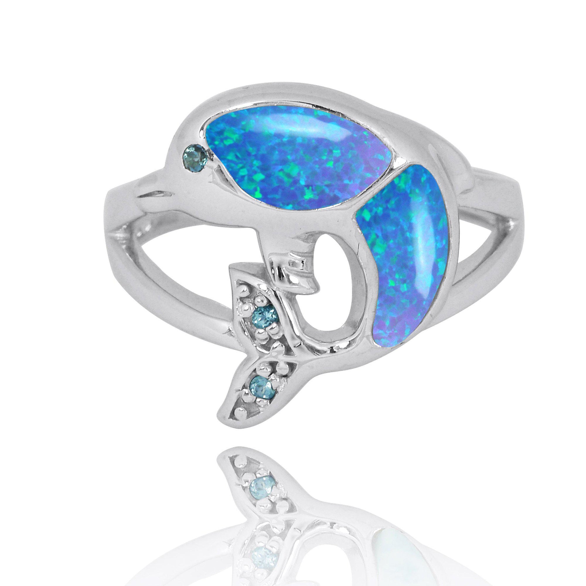 Sterling Silver Dolphin Ring with Blue Opal, London Blue Topaz and Swiss Blue Topaz