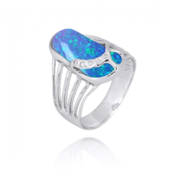 Sterling Silver Flip Flop Ring with Blue Opal and White CZ