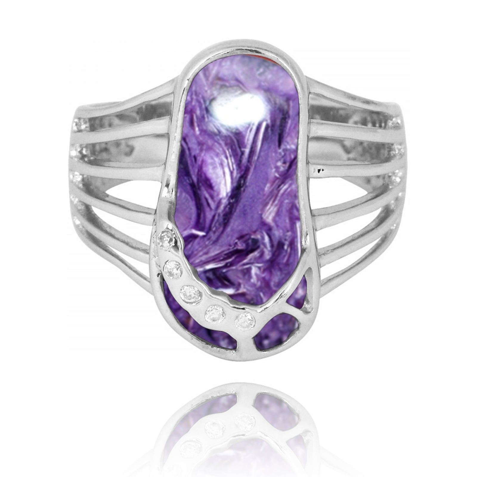 Sterling Silver Flip Flop Ring with Charoite and White CZ