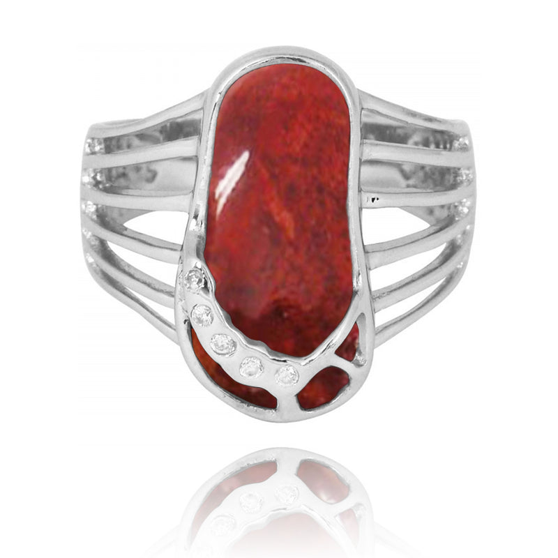 Sterling Silver Flip Flop Ring with Red Coral and White CZ
