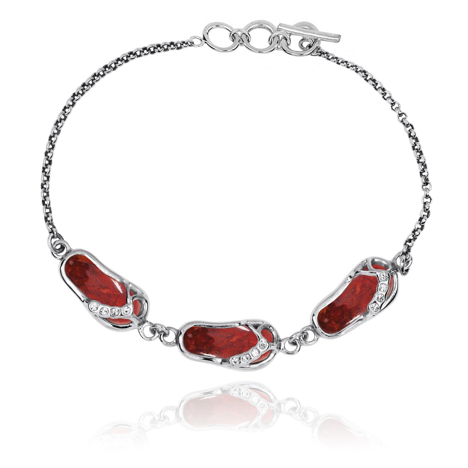 Sterling Silver Flip Flops with Red Coral and White CZ Chain Bracelet
