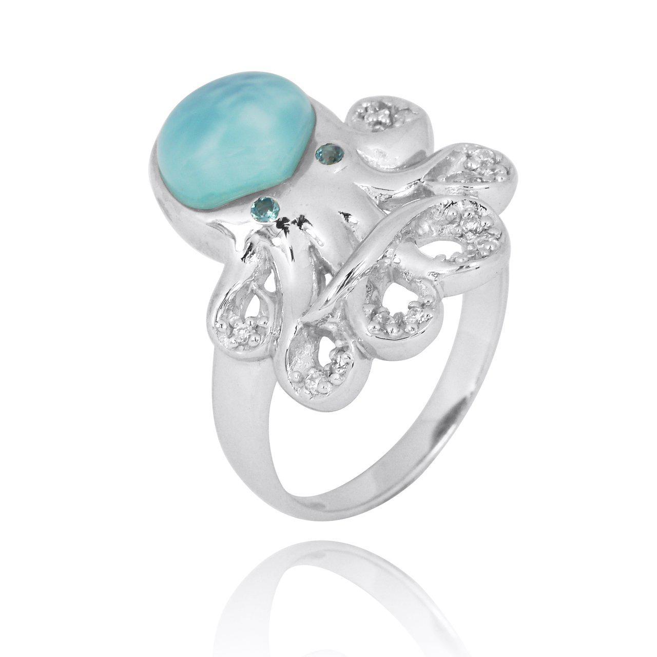 Sterling Silver Octopus Ring with Larimar and London Blue Topaz