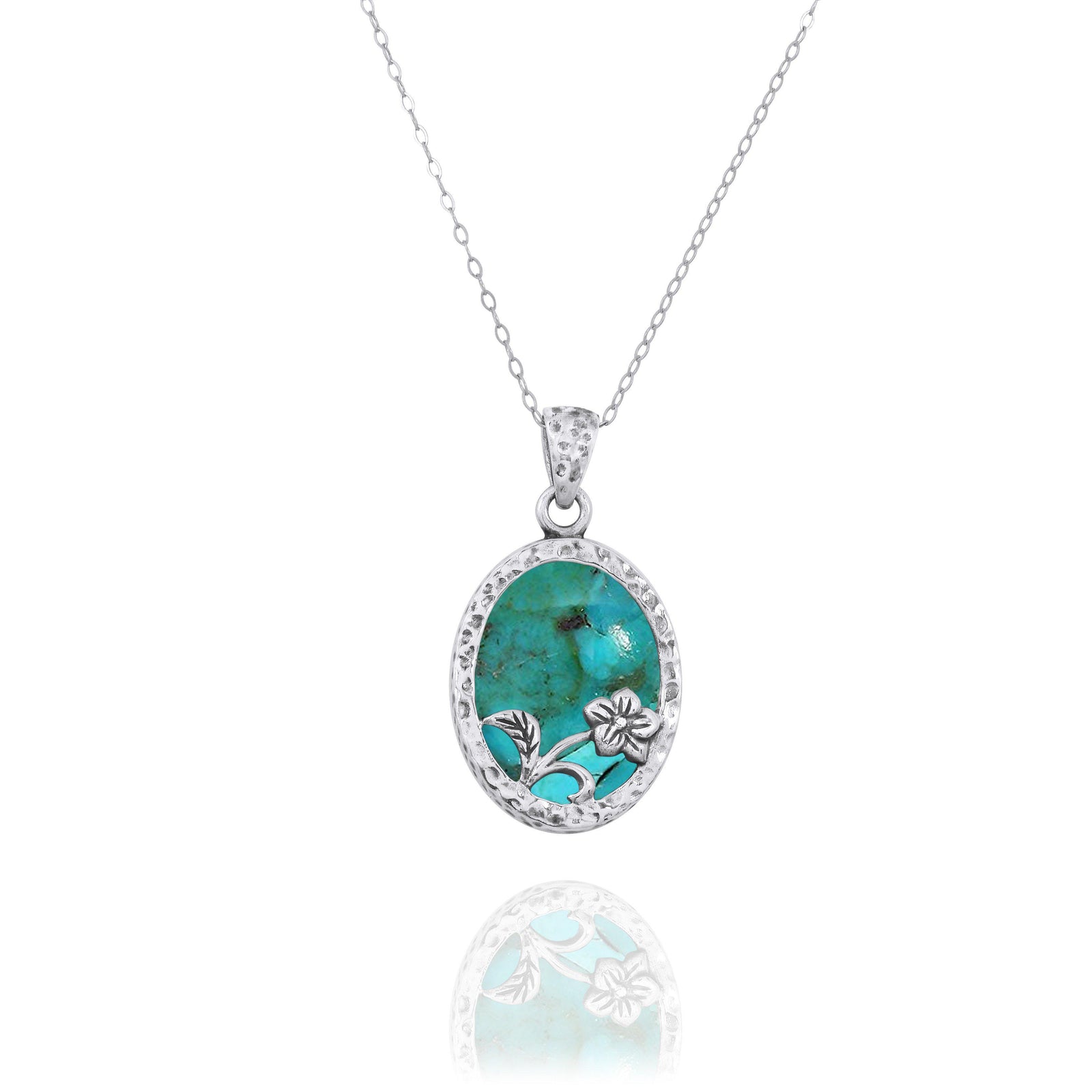 Sterling Silver Oval Compressed Turquoise Pendant with Silver Flower