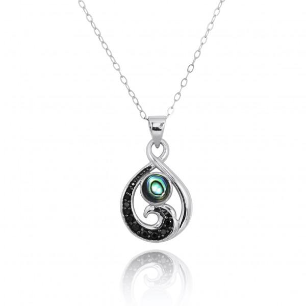 Sterling Silver Pendant with Black Spinel Wave and Abalone