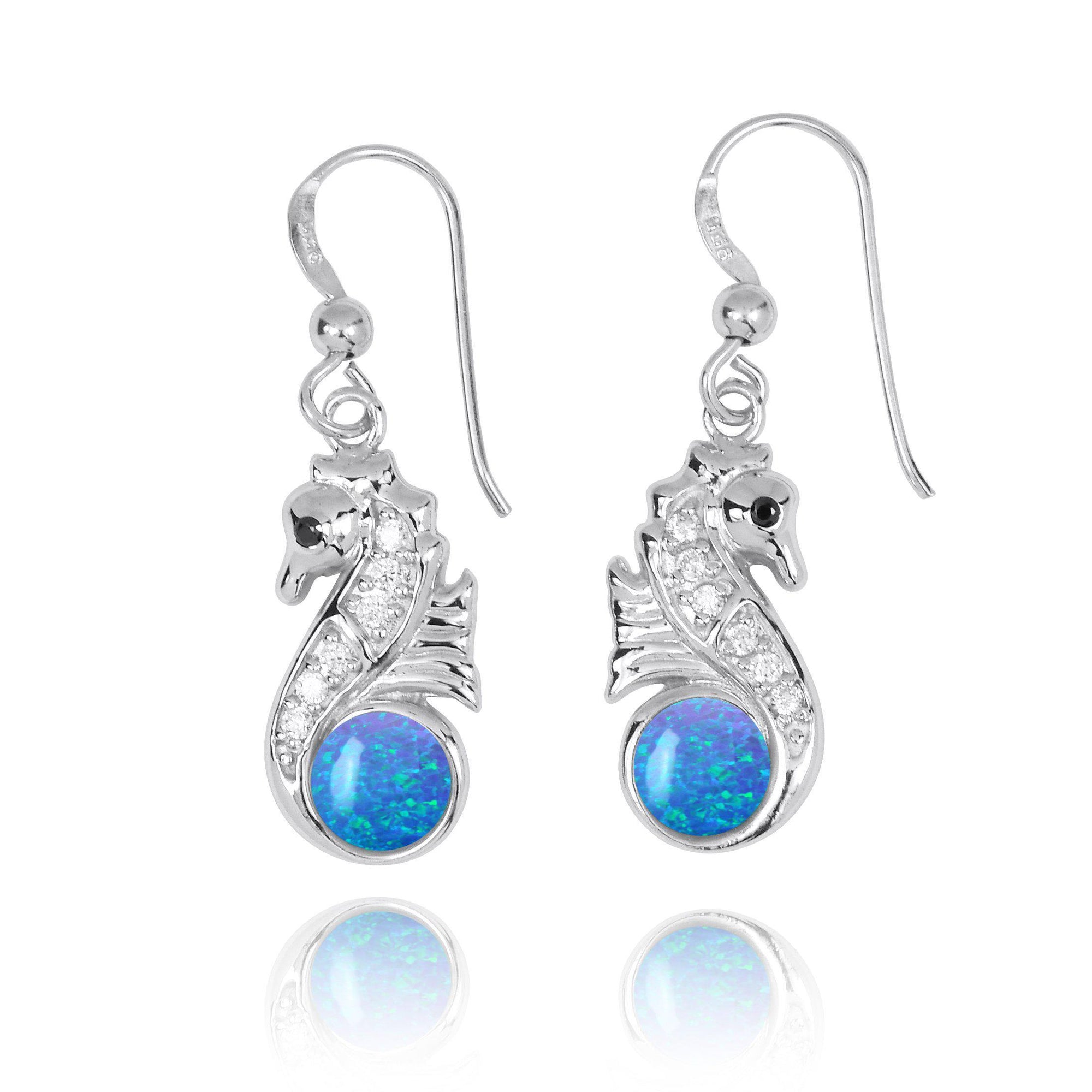 Sterling Silver Seahorse Drop Earrings with Blue Opal and CZ