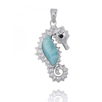 Seahorse Pendant Necklace with Larimar and Black Spinel