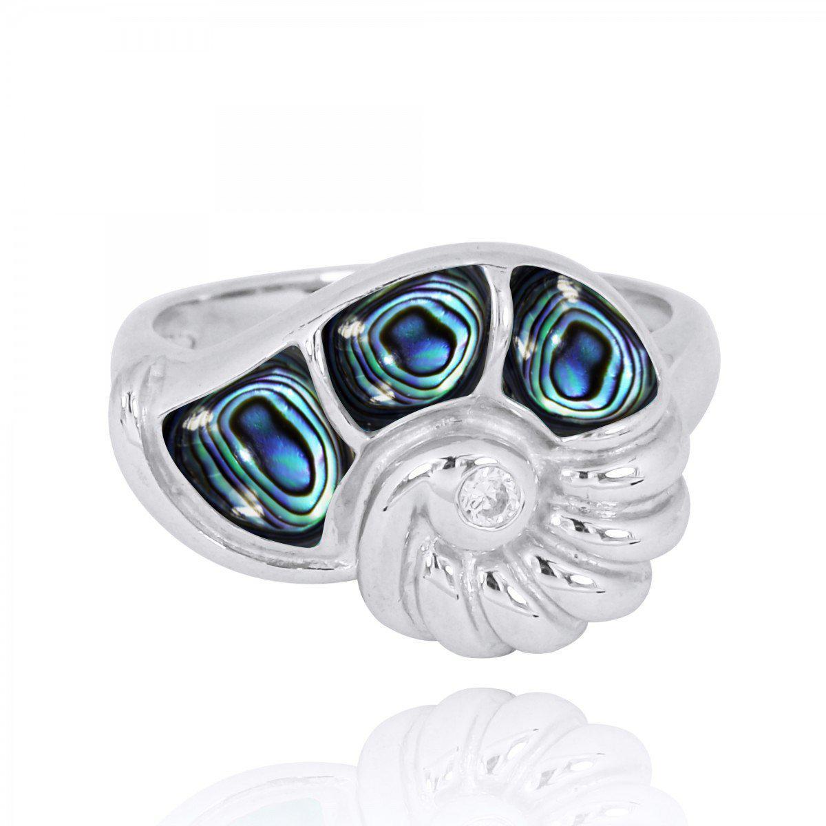 Sterling Silver SeaShell Ring with Abalone Shell and White CZ