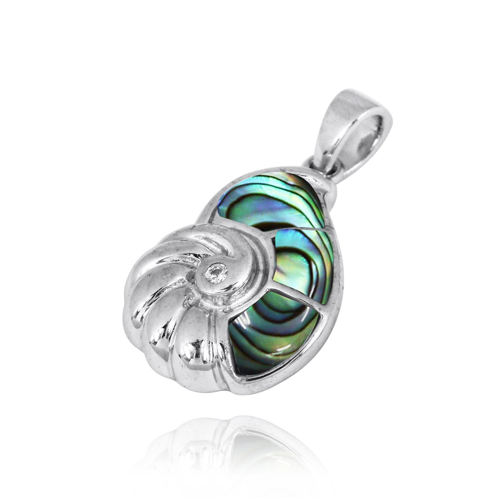 Sterling Silver SeaShell Pendant Necklace with Abalone Shell and White CZ
