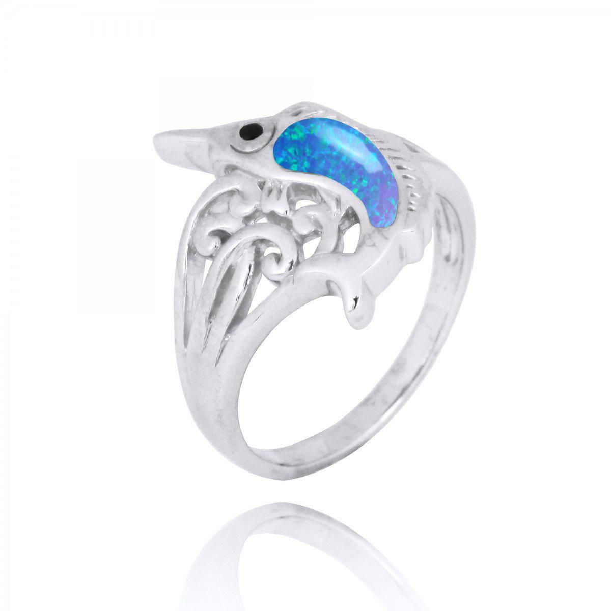 Sterling Silver Swordfish Ring with Blue Opal and Black Spinel