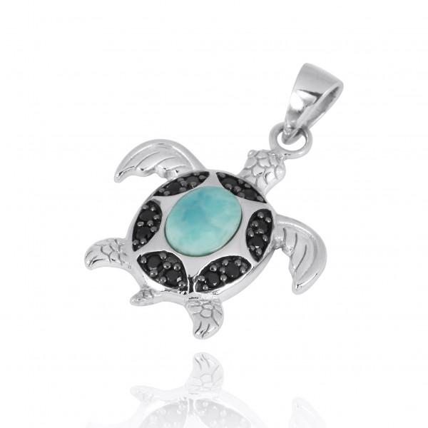 Sea Turtle Pendant Necklace with Larimar and Black Spinel