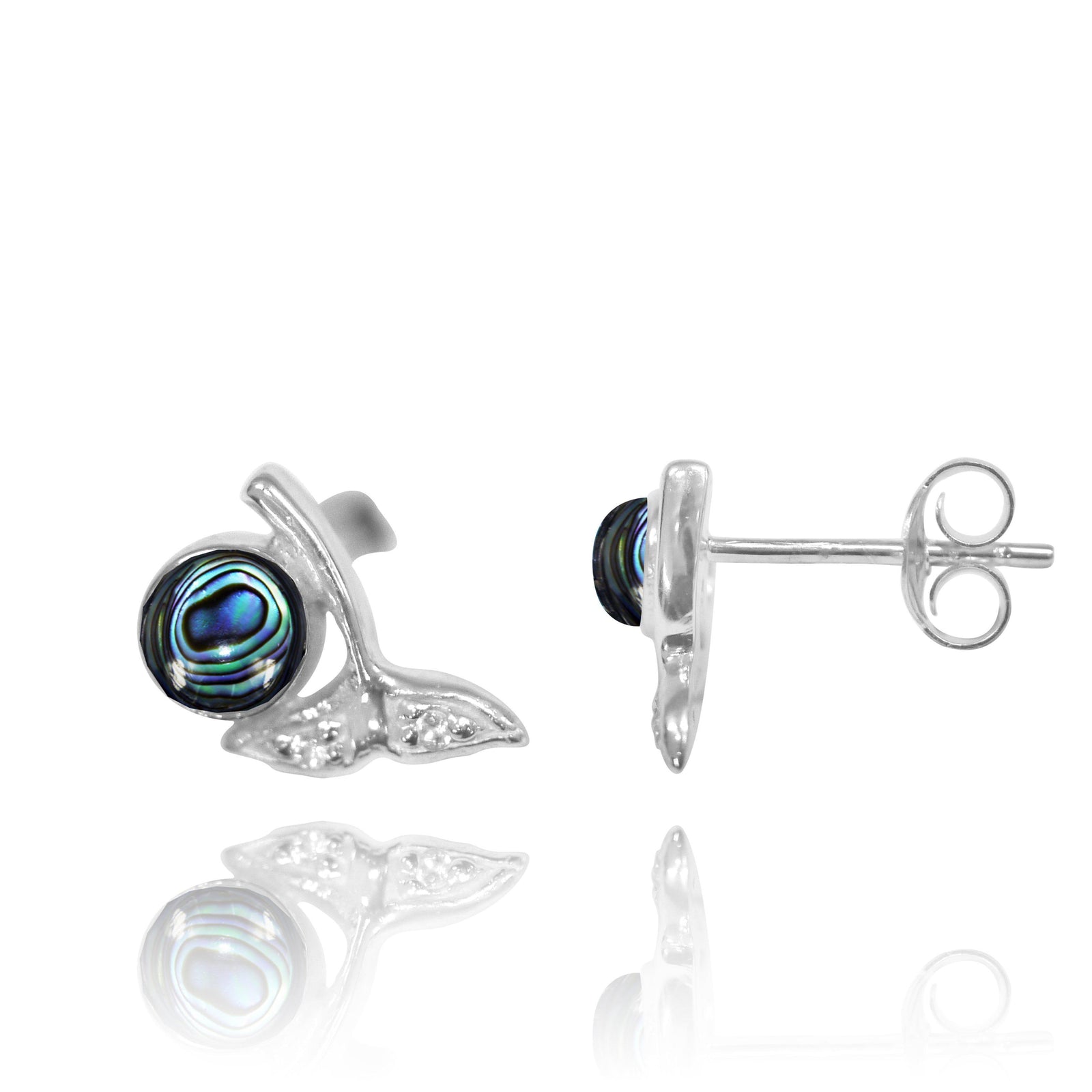 Sterling Silver Whale Tail Earrings with Round Abalone Shell and White Topaz