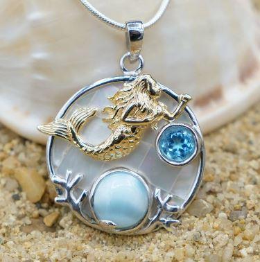 Swimming Mermaid Necklace with Caribbean Larimar - Miami