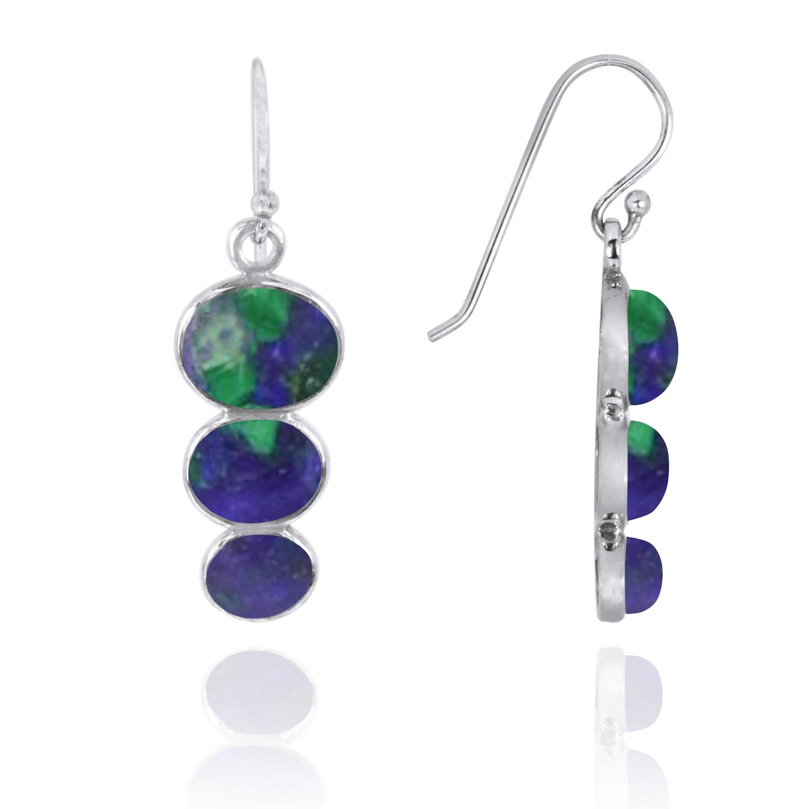 Triple Oval Azurite Malachite Sterling Silver Drop Earrings