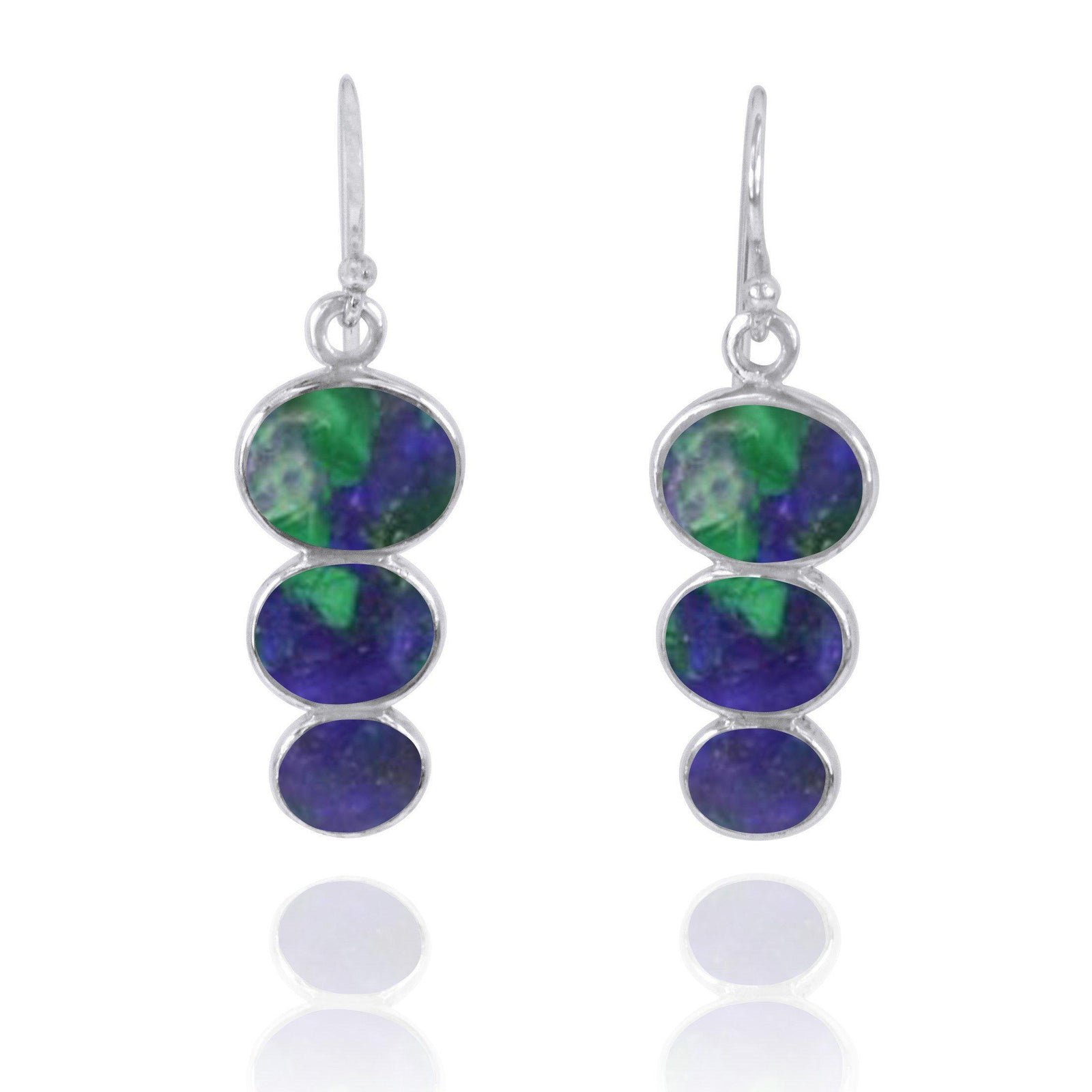 Triple Oval Azurite Malachite Sterling Silver Drop Earrings