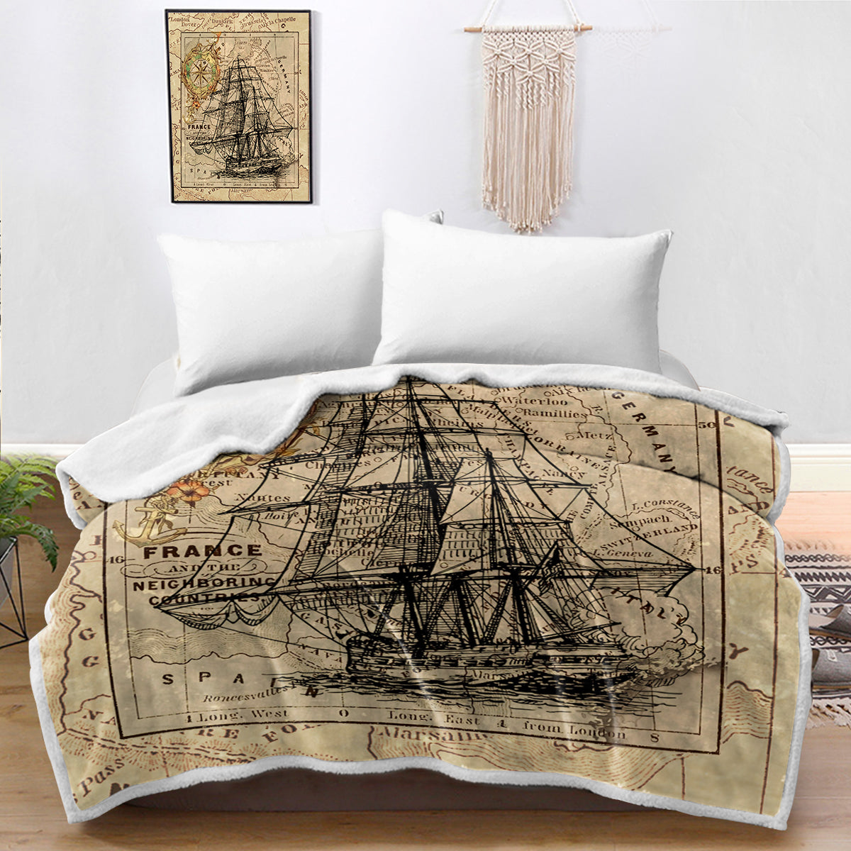 Vintage Nautical Map Bedspread Blanket