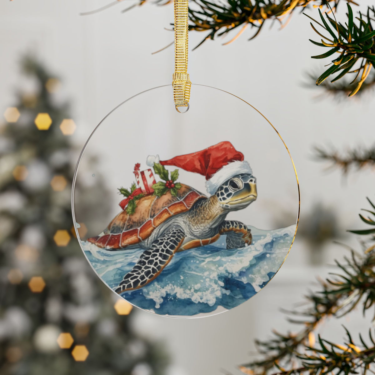 Sea Turtle Christmas Ornament — Santa Hat Acrylic Holiday Decoration