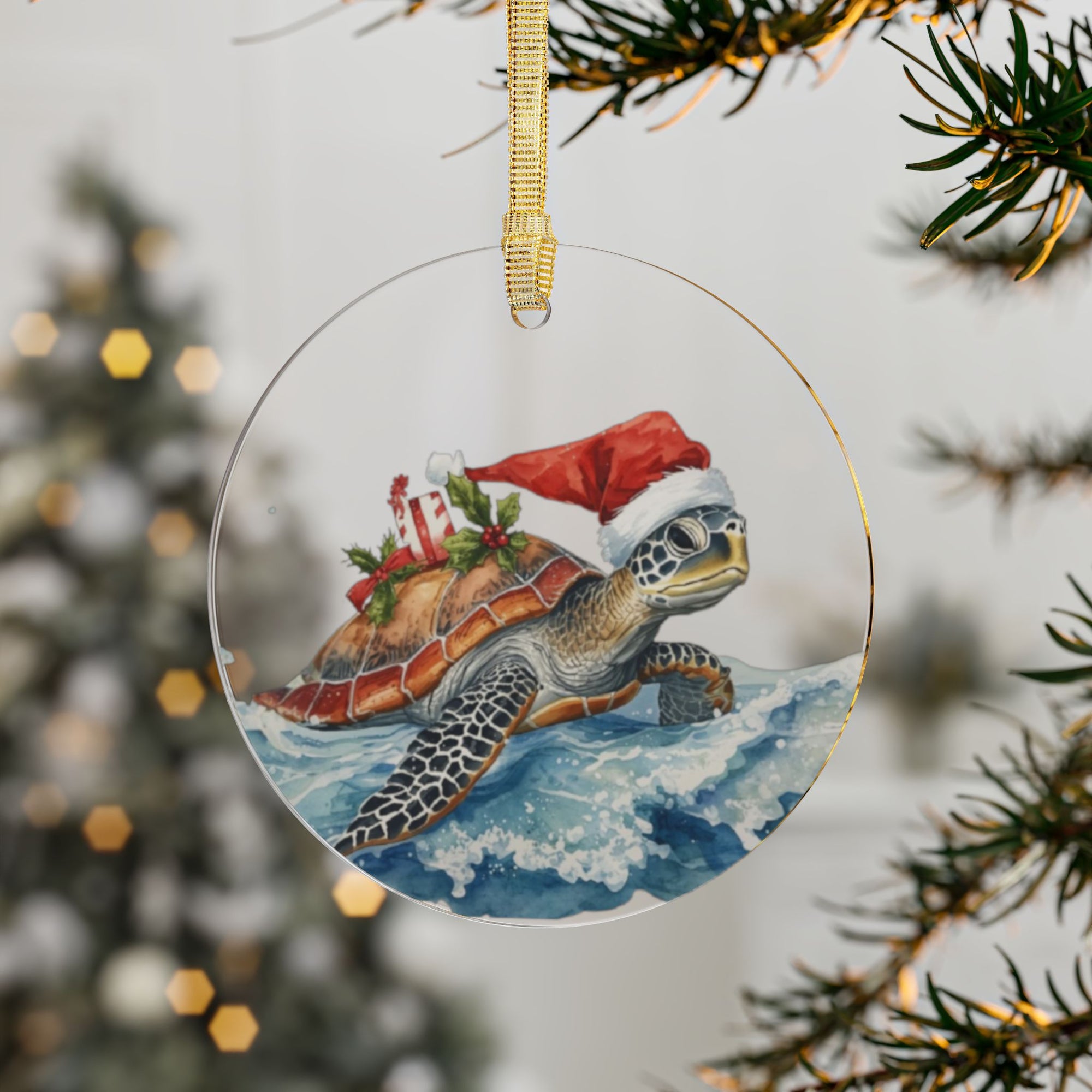 Sea Turtle Christmas Ornament — Santa Hat Acrylic Holiday Decoration