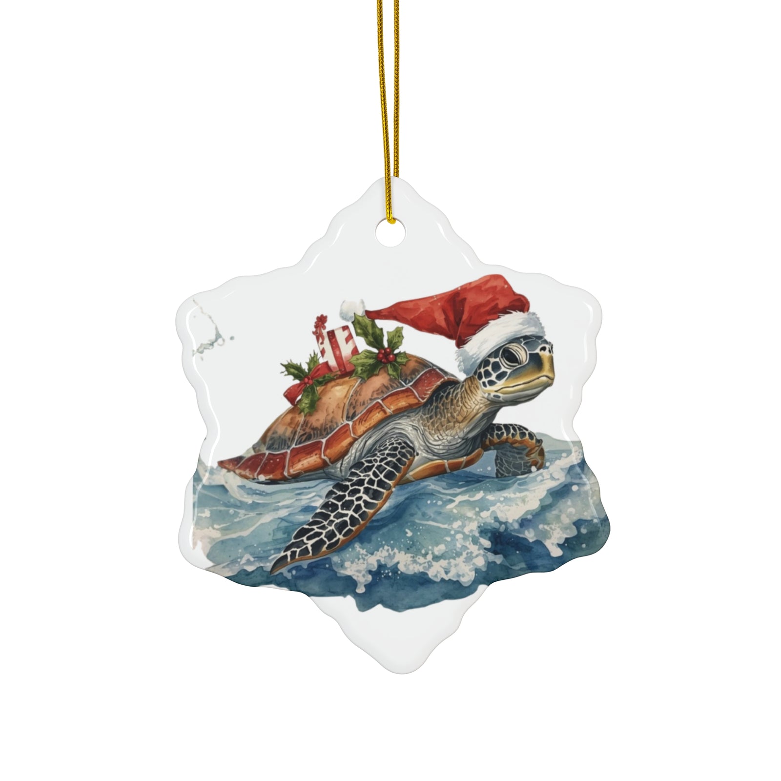 Sea Turtle Christmas Ornament — Ceramic Holiday Ornament with Santa Hat & Gifts