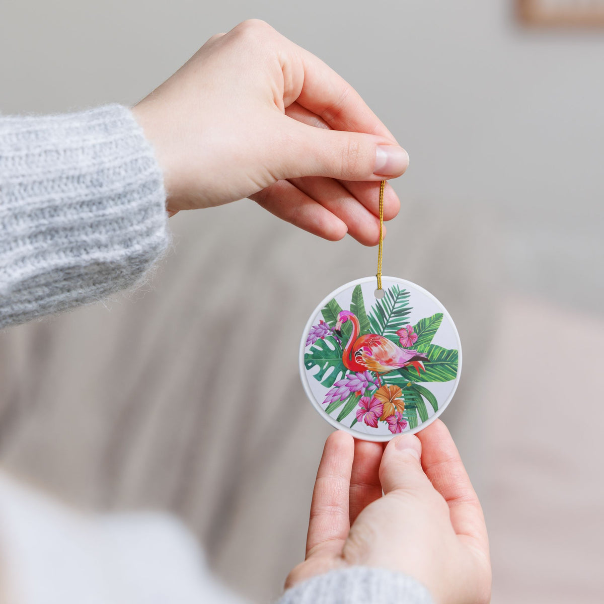Tropical Flamingo Fantasy Ceramic Ornament - Coastal Holiday Decoration