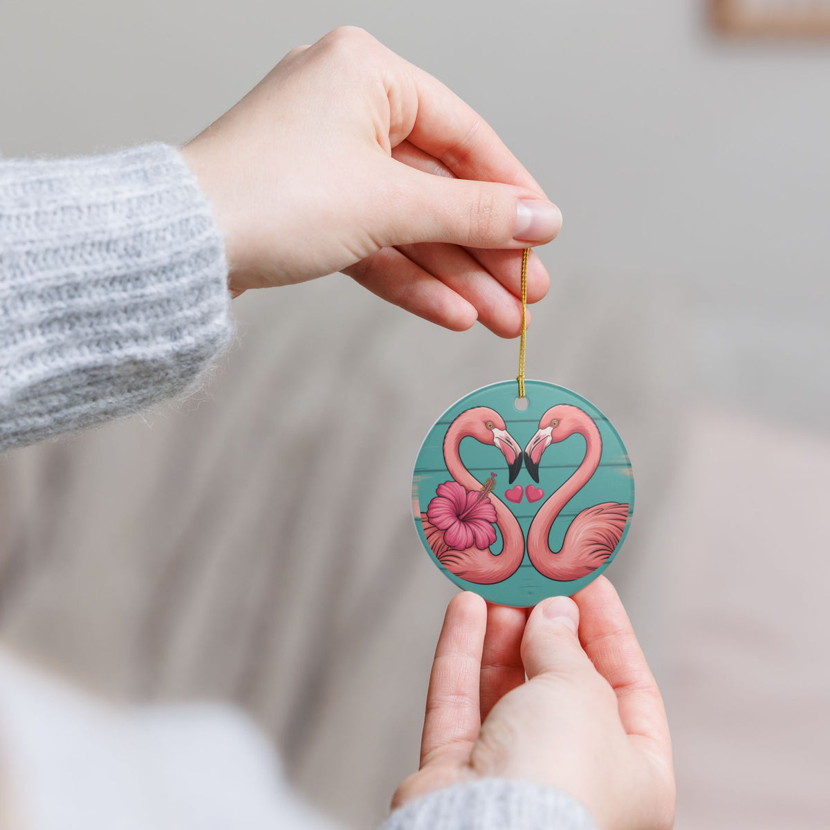 Flamingo Flower Ceramic Ornament - Coastal Holiday Decoration