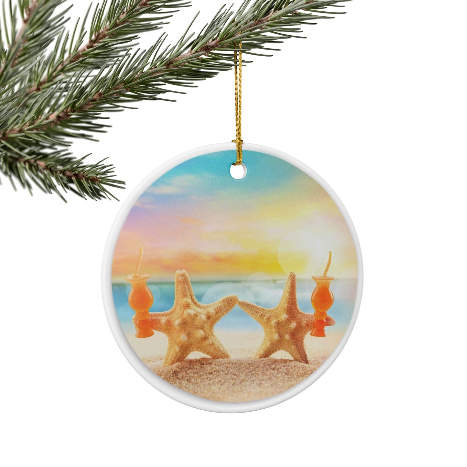 Starfish Sunset Serenade Ceramic Ornament - Coastal Holiday Decoration
