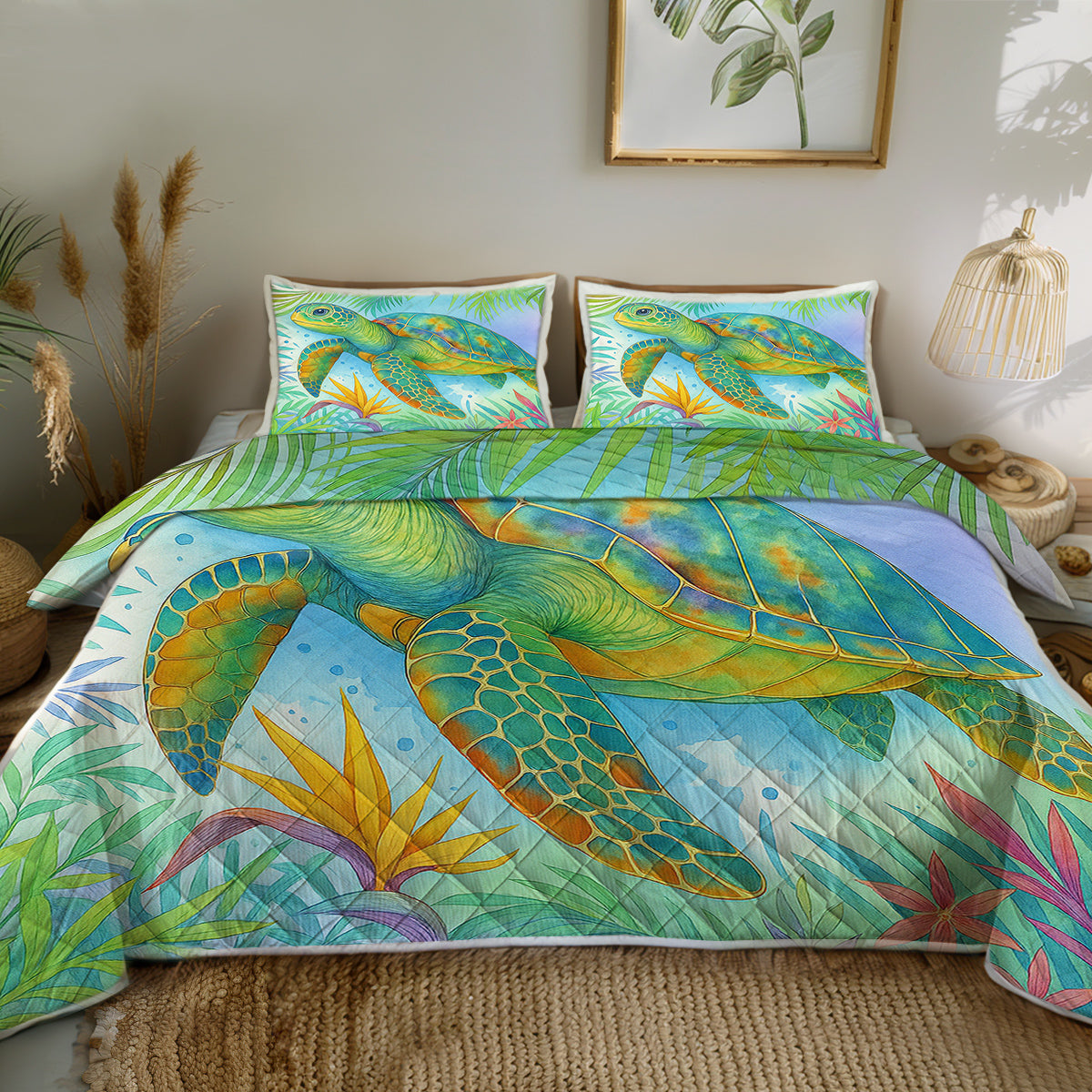 Watercolor Sea Turtle Quilted Coverlet - Lightweight, Breathable &amp; Super Soft