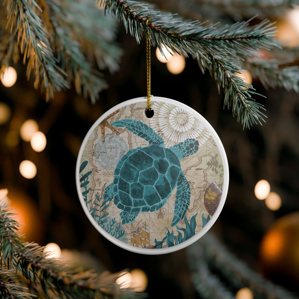 Turtle's Cartographic Journey Ceramic Ornament - Coastal Decoration