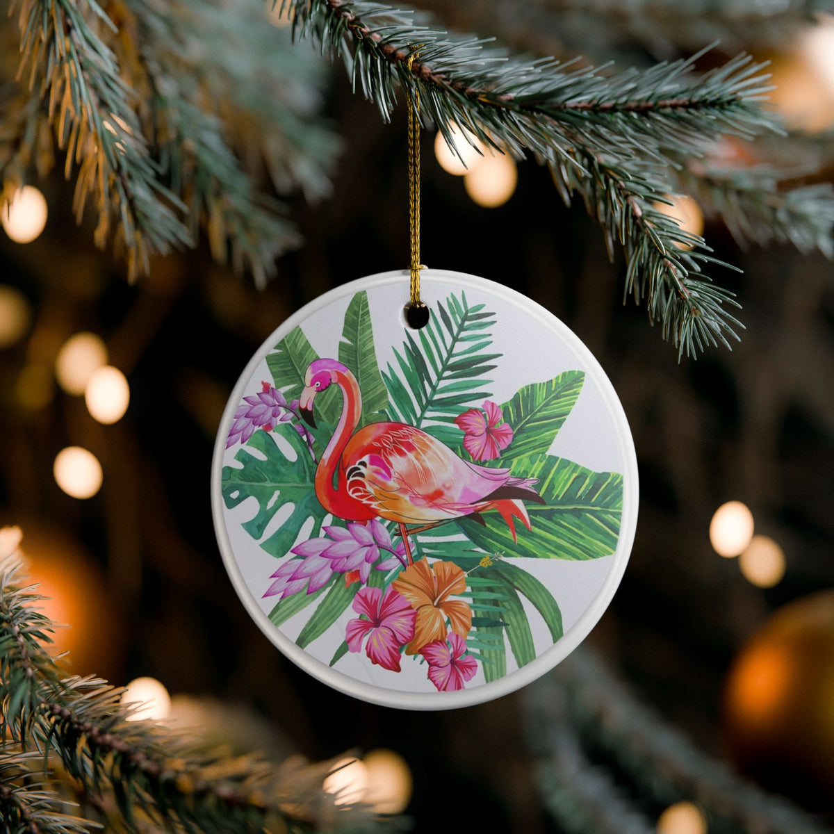 Tropical Flamingo Fantasy Ceramic Ornament - Coastal Holiday Decoration