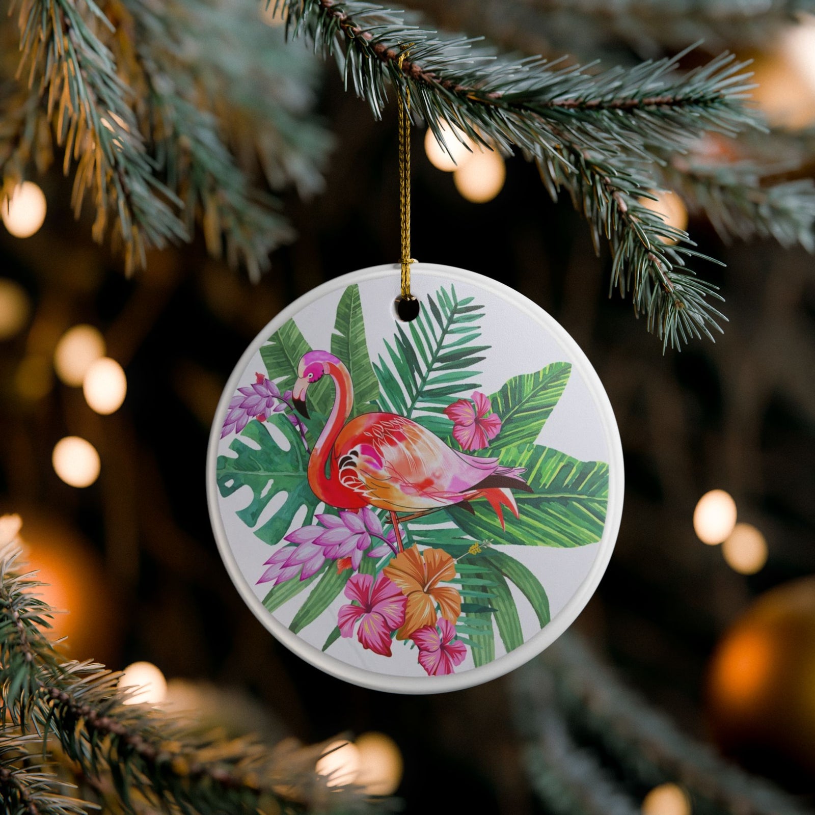 Tropical Flamingo Fantasy Ceramic Ornament - Coastal Holiday Decoration