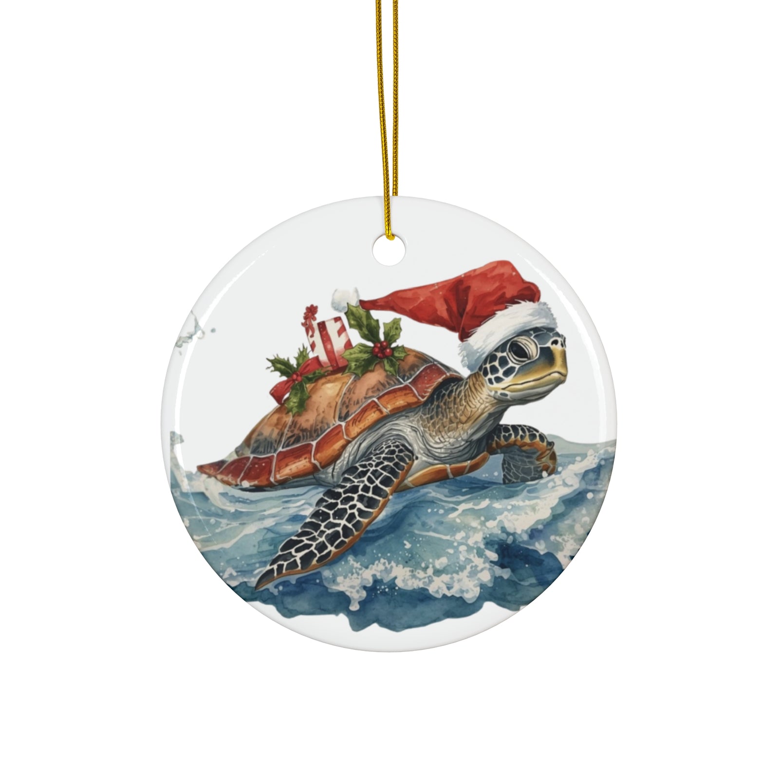 Sea Turtle Christmas Ornament — Ceramic Holiday Ornament with Santa Hat & Gifts
