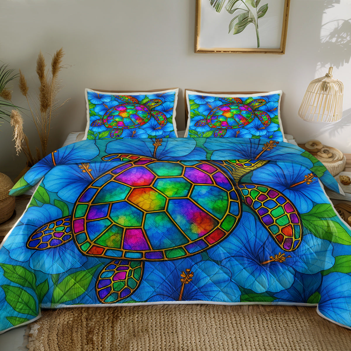 Hibiscus Sea Turtle Quilted Coverlet - Lightweight, Breathable & Super Soft