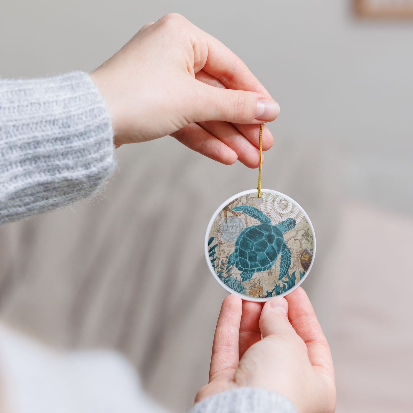 Turtle's Cartographic Journey Ceramic Ornament - Coastal Decoration
