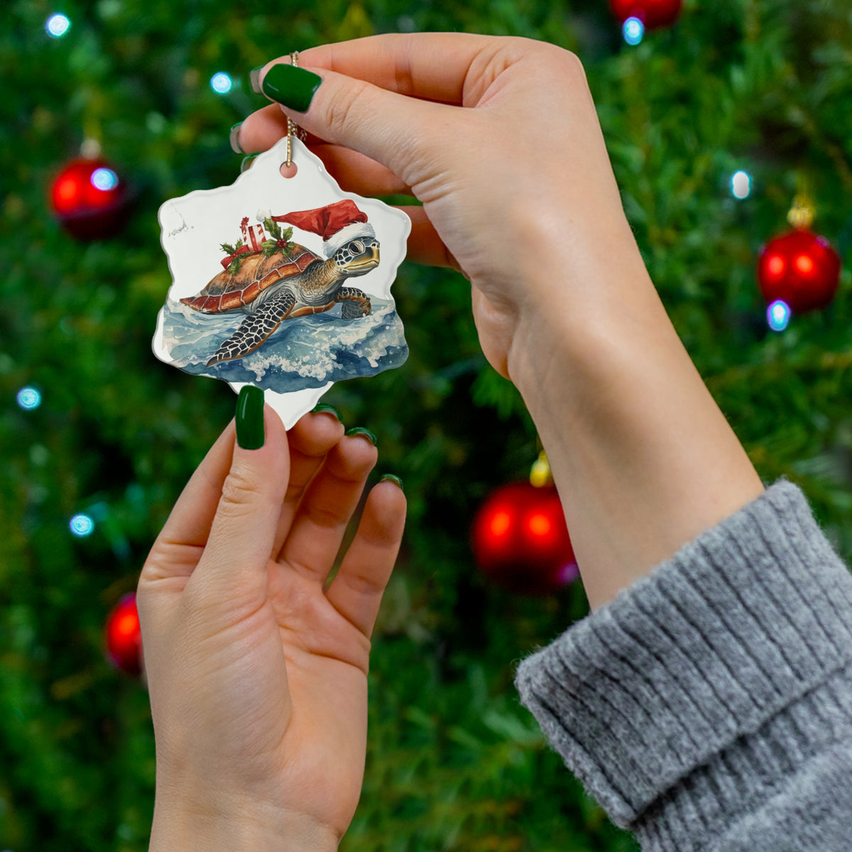Sea Turtle Christmas Ornament — Ceramic Holiday Ornament with Santa Hat &amp; Gifts
