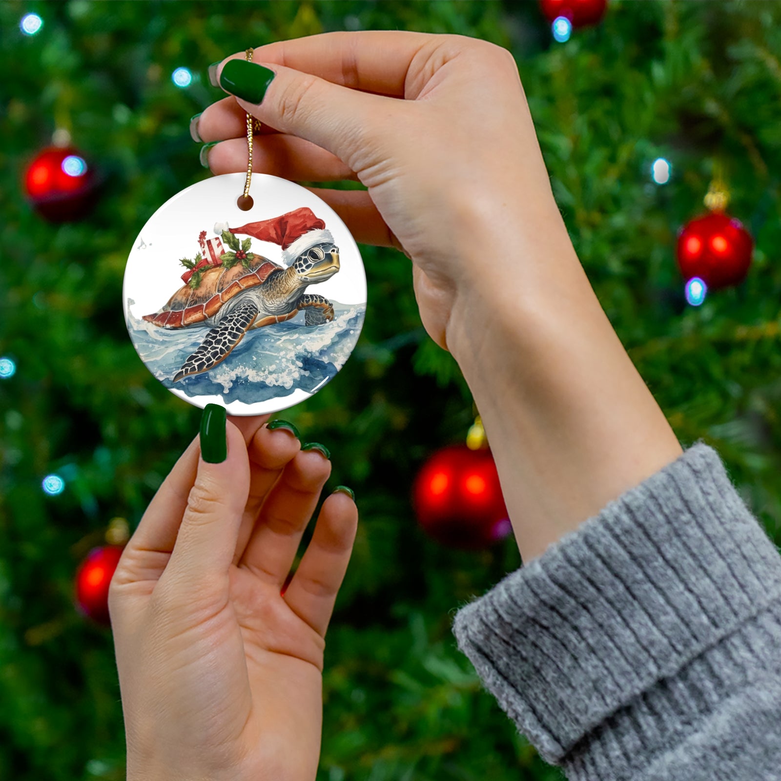 Sea Turtle Christmas Ornament — Ceramic Holiday Ornament with Santa Hat & Gifts