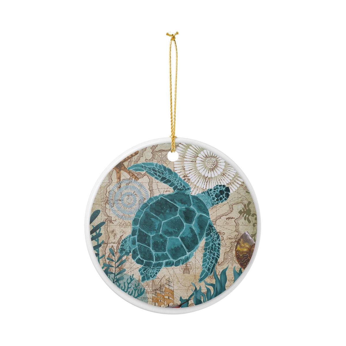 Turtle's Cartographic Journey Ceramic Ornament - Coastal Decoration