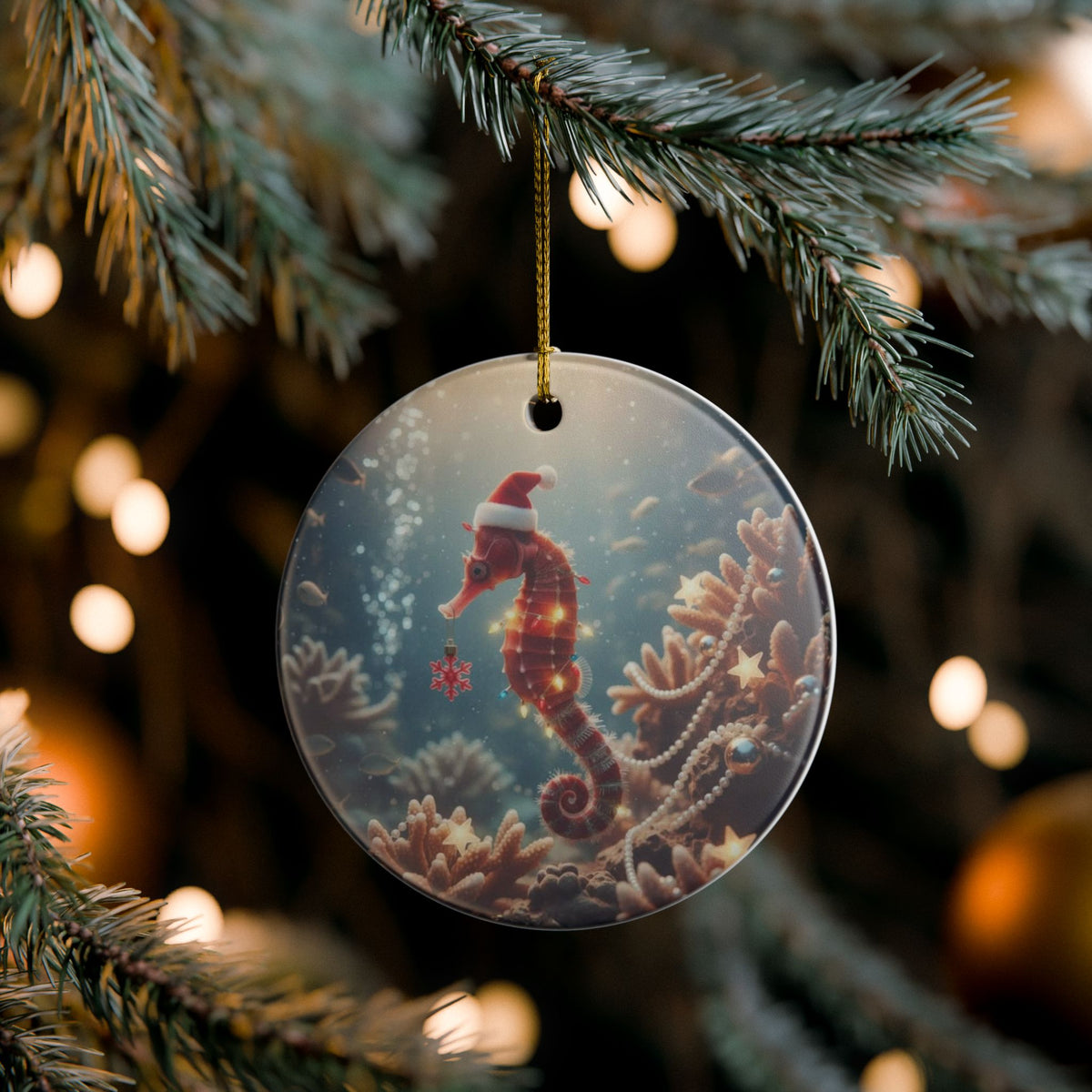 Seahorse Greetings Ceramic Ornament - Coastal Holiday Decoration