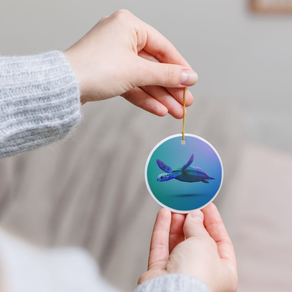 Low Poly Sea Turtle Ceramic Ornament - Coastal Decoration