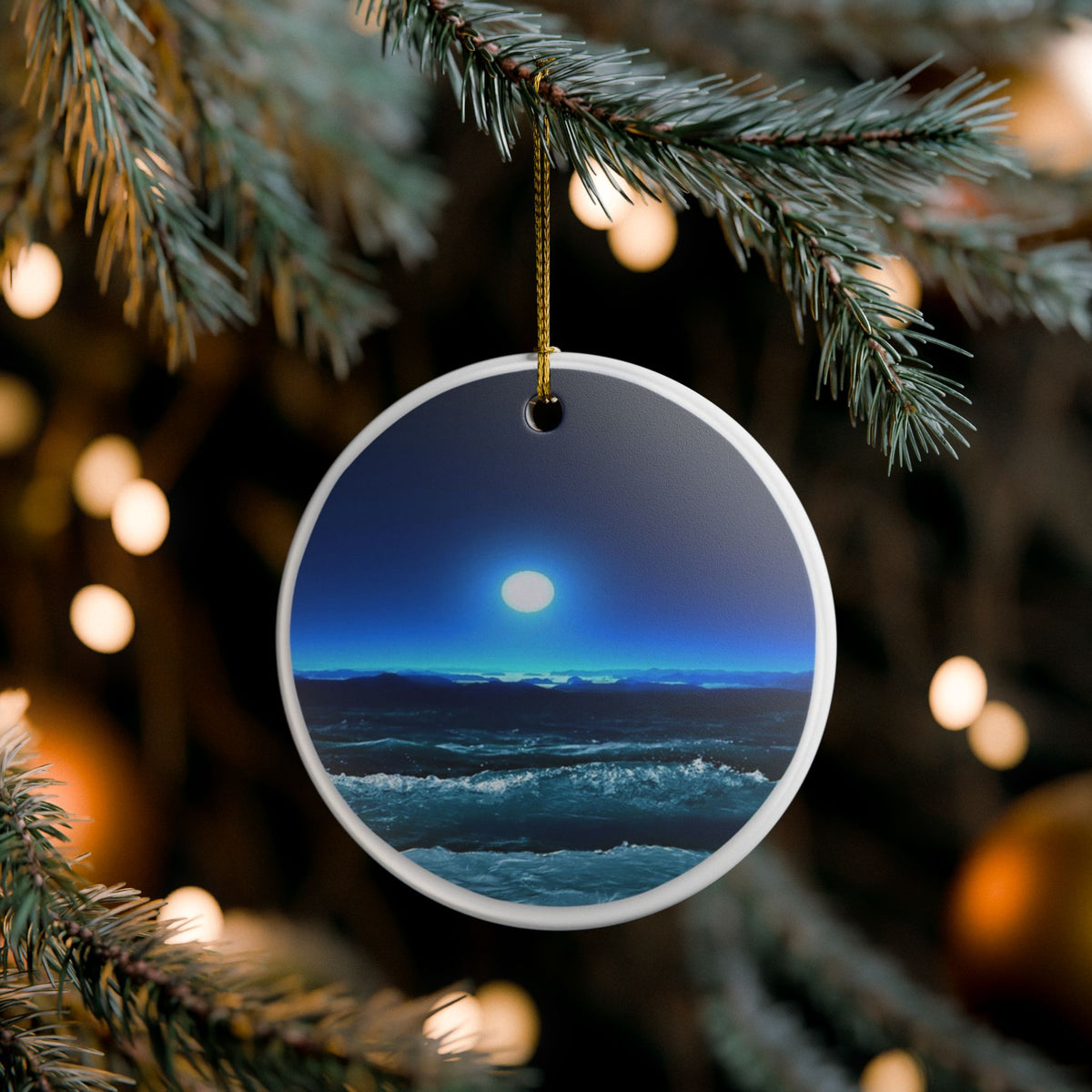 Moonlit Waves Ceramic Ornament - Coastal Holiday Decoration