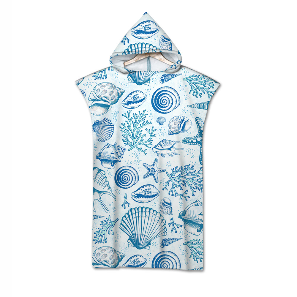 Blue Seashells Quick-Dry Hooded Poncho Towel